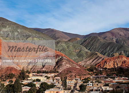 Elevated view of the town and the Hill of Seven Colours (Cerro de los Siete Colores), Purmamarca, Jujuy Province, Argentina, South America