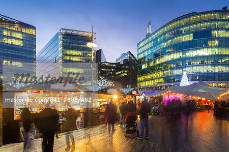 Christmas Market, The Scoop and the top of The Shard, South Bank, London, England, United Kingdom, Europe