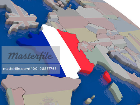 France with flag highlighted on model of globe. 3D illustration