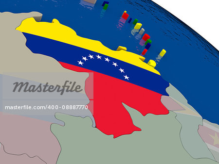 Venezuela with flag highlighted on model of globe. 3D illustration