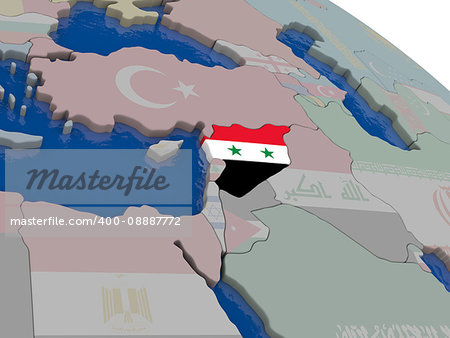 Syria with flag highlighted on model of globe. 3D illustration