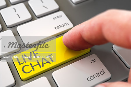 Business Concept - Male Finger Pointing Yellow Live Chat Keypad on Metallic Keyboard. 3D Illustration.