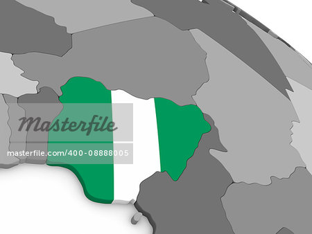 Map of Nigeria with embedded national flag. 3D illustration