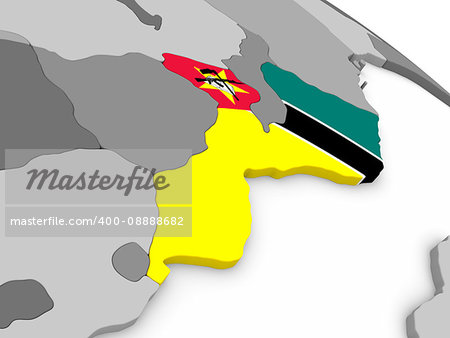 Map of Mozambique with embedded national flag. 3D illustration