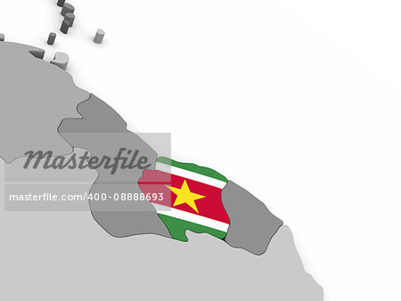 Map of Suriname with embedded national flag. 3D illustration