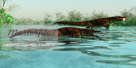 Uberabasuchus dinosaur reptiles inhabit a Brazil river catching fish in the Cretaceous Period.