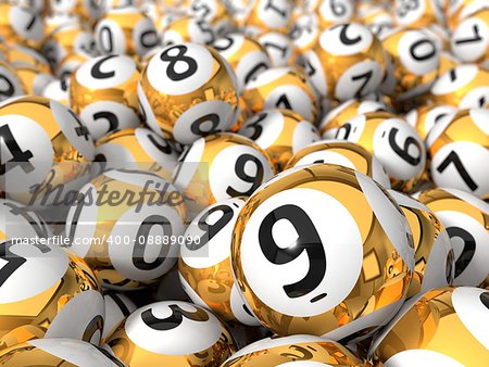 3d illustration of lottery balls stack. close up view with depth of field. isolated on white.