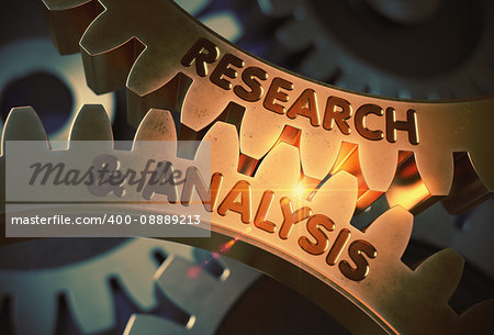 Research And Analysis Golden Gears. Research And Analysis on Mechanism of Golden Metallic Gears with Lens Flare. 3D Rendering.