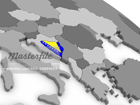 Map of Bosnia with embedded national flag. 3D illustration