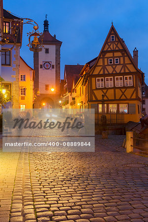 illuminated at night Plonlein Small Square in Rothenburg ob der Tauber, Germany