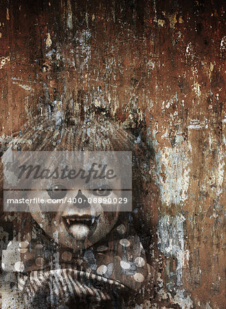 Grunge Halloween background with old stucco wall texture and spooky clown
