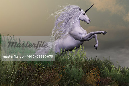 A white unicorn stallion rears up with power and majesty on a hilltop of a mountain range.