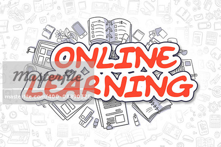 Business Illustration of Online Learning. Doodle Red Text Hand Drawn Cartoon Design Elements. Online Learning Concept.
