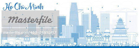 Outline Ho Chi Minh Skyline with Blue Buildings. Vector Illustration. Business Travel and Tourism Concept with Modern Buildings. Image for Presentation Banner Placard and Web Site.