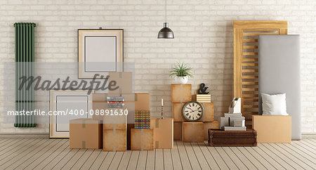 Interior moving house with cardboard boxes,bed and other objects - 3d rendering