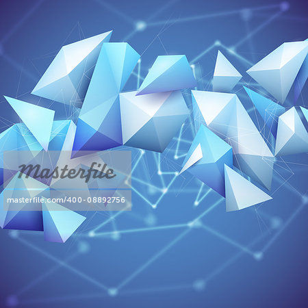 Low poly polygon mesh grid and 3d shapes on unfocused blue background