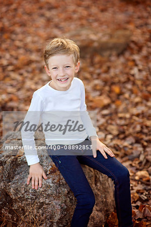 cheerful laughing little boy enjoying autumn golden leaves in the park