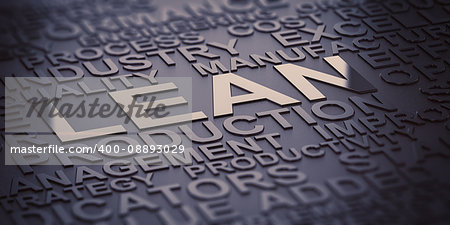 Many words over black background with reflection and blur effect, focus on the words lean and production. 3D illustration of production management.