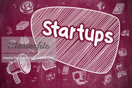 Startups on Speech Bubble. Doodle Illustration of Shouting Mouthpiece. Advertising Concept. Shouting Loudspeaker with Wording Startups on Speech Bubble. Hand Drawn Illustration. Business Concept.