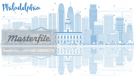 Outline Philadelphia Skyline with Blue Buildings and Reflections. Vector Illustration. Business Travel and Tourism Concept with Modern Architecture. Image for Presentation Banner Placard and Web Site.