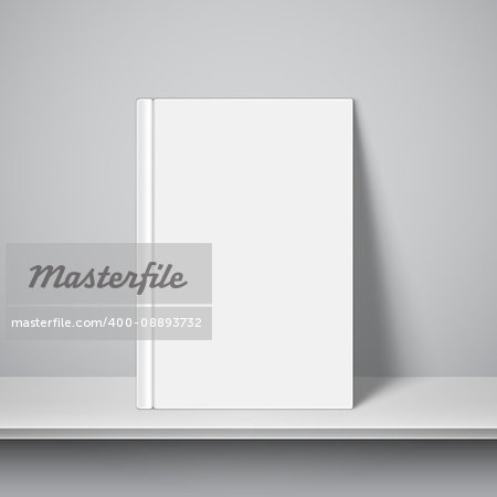 Book with empty blank cover on white bookshelf. White object mock-up or template