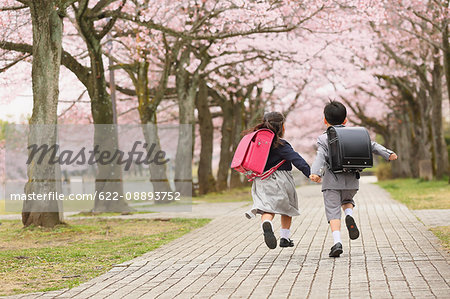Japanese kids with cherry blossoms in a city park