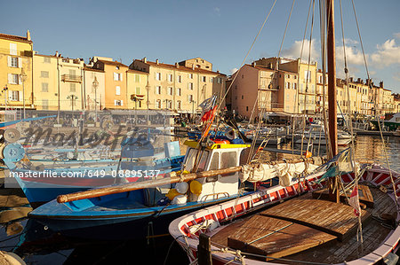 View of traditional boats and harbour, St Tropez, Cote d'Azur, France