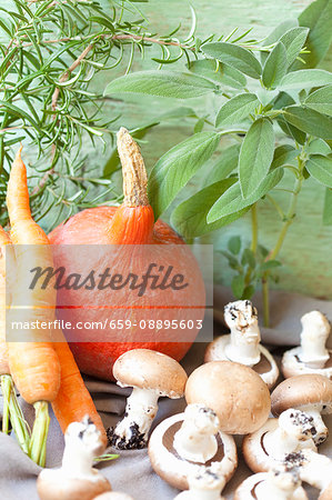 An arrangement of pumpkin, mushrooms, potatoes, sage and rosemary