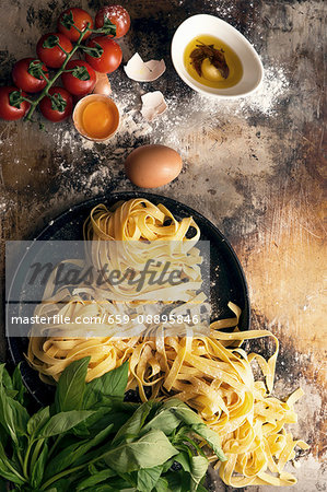 Tagliatelle, tomatoes, herbs and eggs