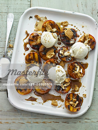 Grilled Peaches with Amaretto and Brown Sugar and Amaretti Biscuits and Whipped Cream