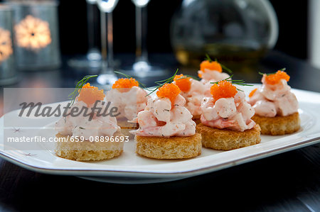 Canapes with shrimp and bleak roe