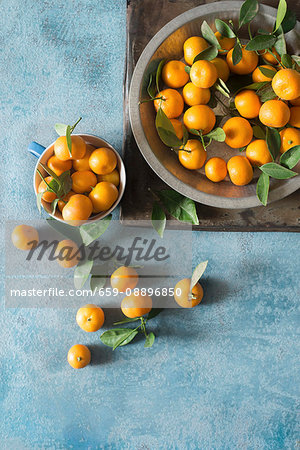 Clementines with leaves in a bowl