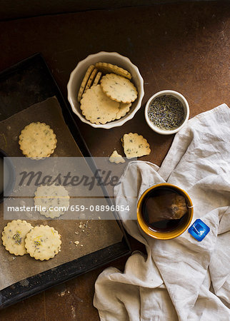 Lavender and lemon shortbread cookies and a cup of tea Lavender and lemon shortbread cookies and a cup of tea