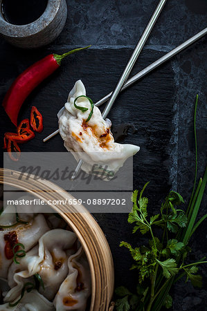 Chicken and Pork Dumplings with chilli, ginger and herbs