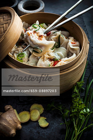 Chicken and Pork Dumplings with chilli, ginger and herbs Chicken and Pork Dumplings with chilli, ginger and herbs