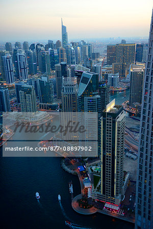 United Arab Emirates, Dubai, panorama of the Palm Jumeirah artificial islands from the 'Observatoire', a panoramic restaurant on the top floor of the Marriott hotel
