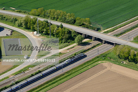 France, Eure et Loire, near Allones, aerial view of the High speed train cutting through the Beauce