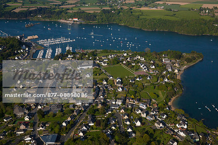 France, Brittany, Cotes-d'Armor, Lezardrieux nestled on the shores of Trieux estuary, aerial photo