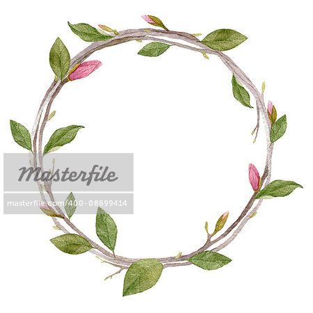 Spring watercolor magnolia wreath.Season hand drawn illustration.