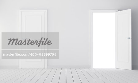 Two doors in empty room. 3D illustration. Choice concept