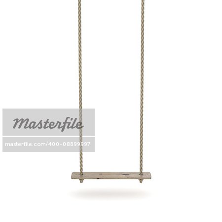 Swing made of rope and a wooden plank. 3D render illustration isolated on white background