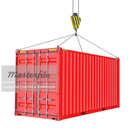 Red Cargo Container Hoisted By Hook, Isolated on White Background. 3D Illustration. Transportation Concept. Template For Your Design