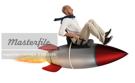 Businessman flying over a rocket. Increase the climb to success concept