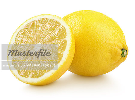 Group of ripe whole yellow lemon citrus fruit with lemon fruit half isolated on white background with clipping path