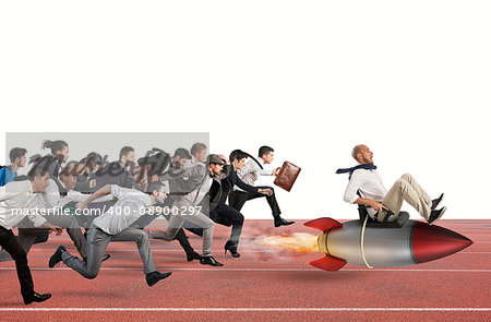 Businessman fly with rocket during a race with opponents