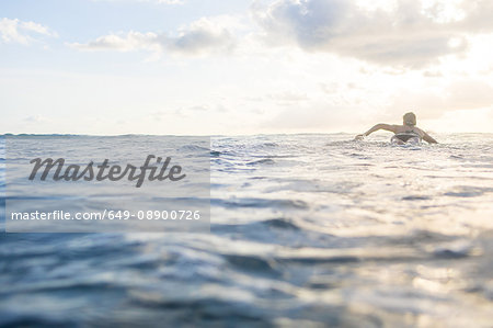 Rear view of woman paddling on surfboard in sea, Nosara, Guanacaste Province, Costa Rica