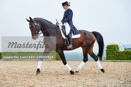 Female rider trotting while training dressage horse in equestrian arena