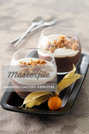 Coffee and chocolate granita with cream and biscuits