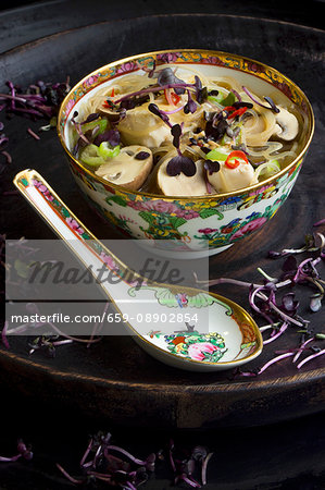 Glass noodle soup with tofu, mushrooms, radish sprouts and chilli (China)
