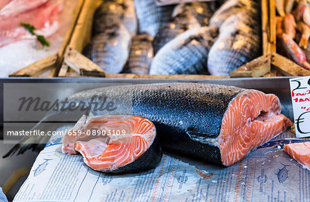 Fresh salmon at a fish market